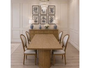 EX-DISPLAY - Finlay Solid Wood Dining Table, 220cm with 4 Marcus Dining Chairs in Arran Dove