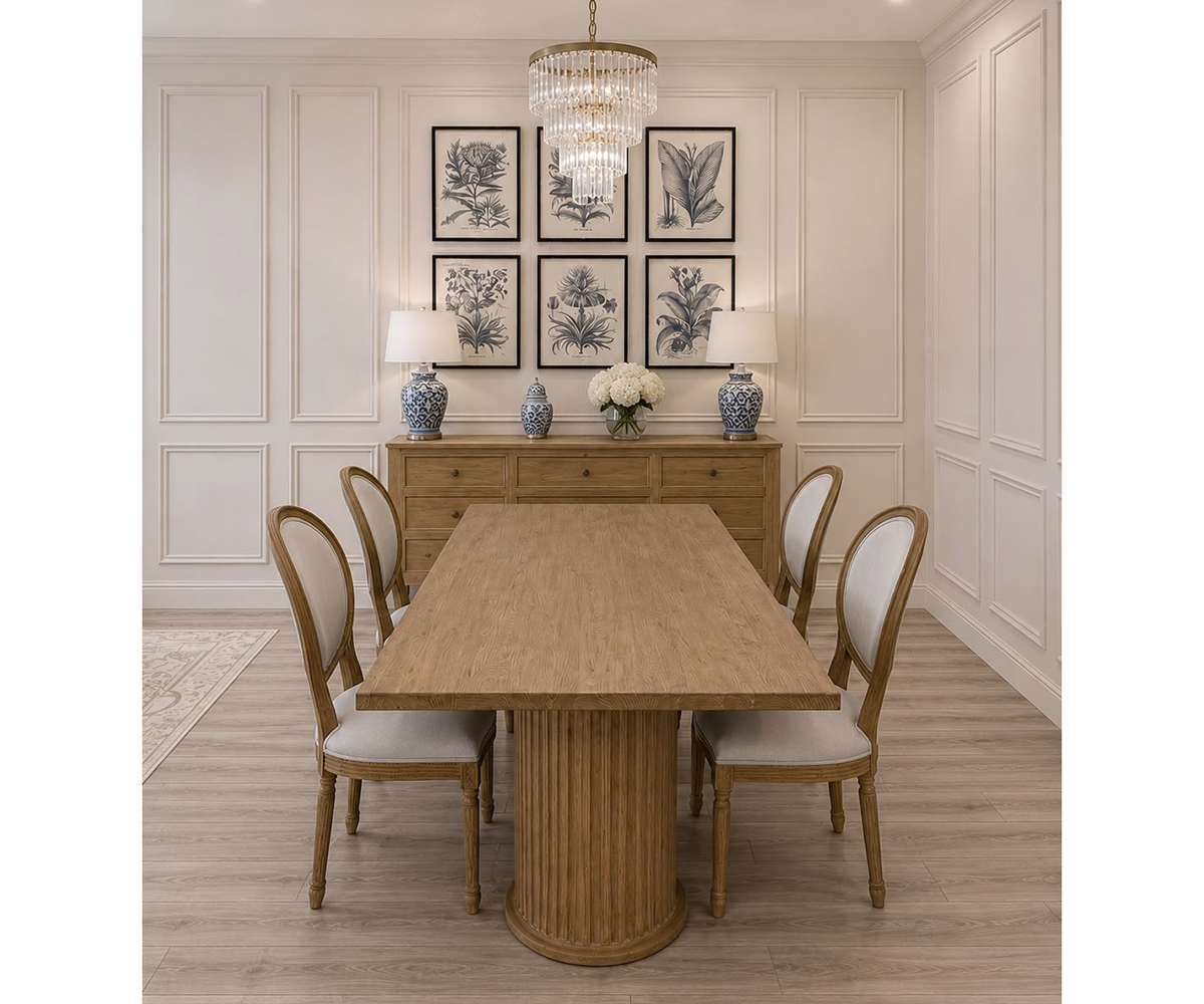 EX-DISPLAY - Finlay Solid Wood Dining Table, 220cm with 4 Marcus Dining Chairs in Arran Dove
