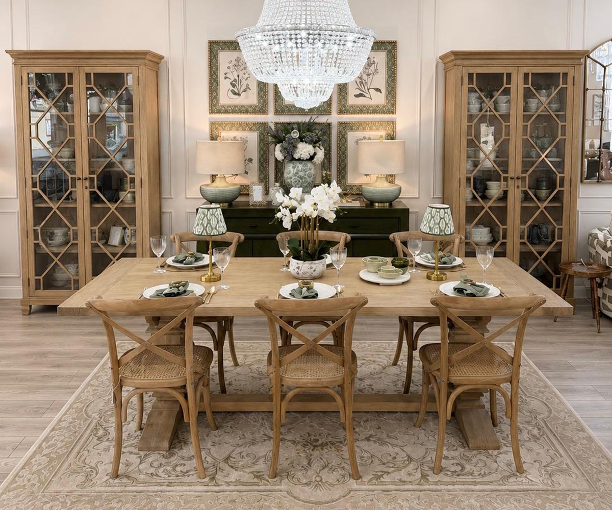 Halland 240cm Dining Table with Oak Base and 6 Cross Back Dining Chairs